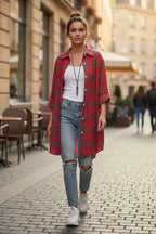 Plaid flannel shirt for women, front view buttoned up