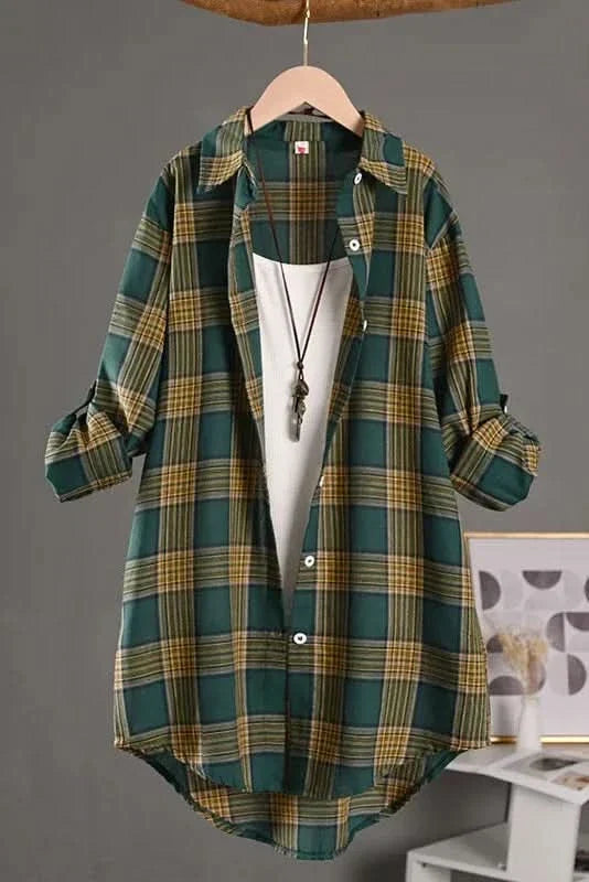 Plaid flannel shirt for women, close view of the check weave and buttons
