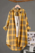 Plaid flannel shirt for women, side view showing the curved hem and cuffs