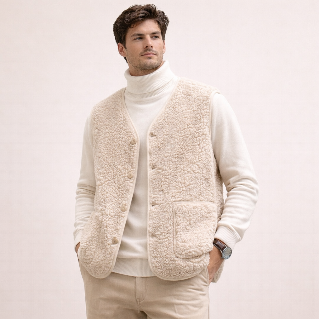 Men's lambswool sweater vest — back view on model