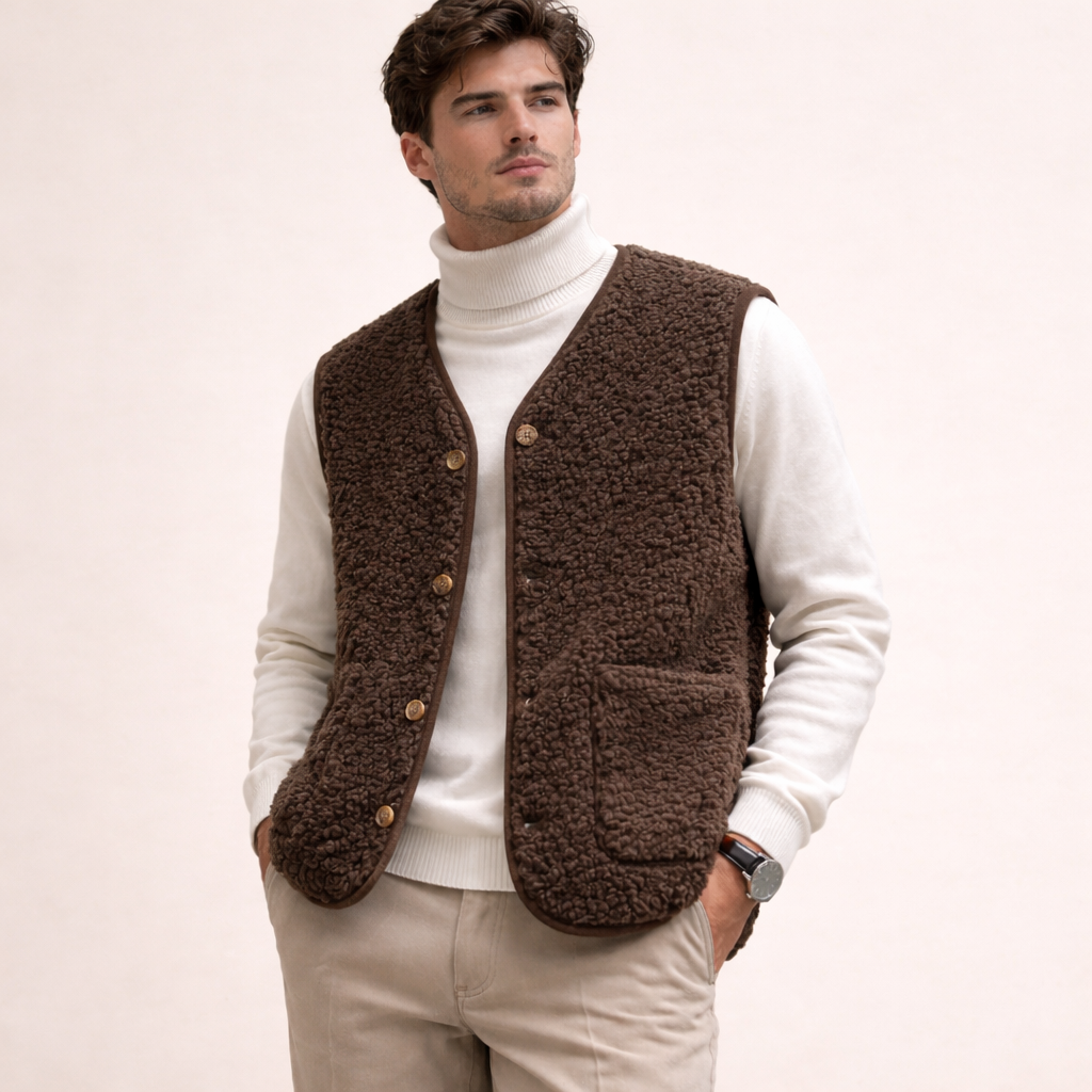 Men's lambswool sweater vest — close-up of the fabric and stitching