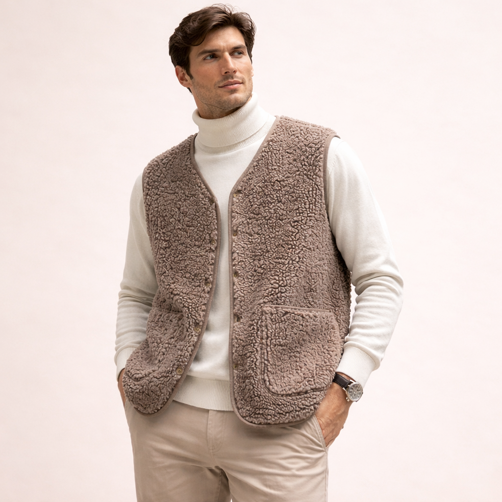 Men's lambswool sweater vest — front view on model
