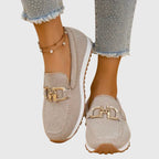 Comfortable slip on loafers for women in beige, side profile