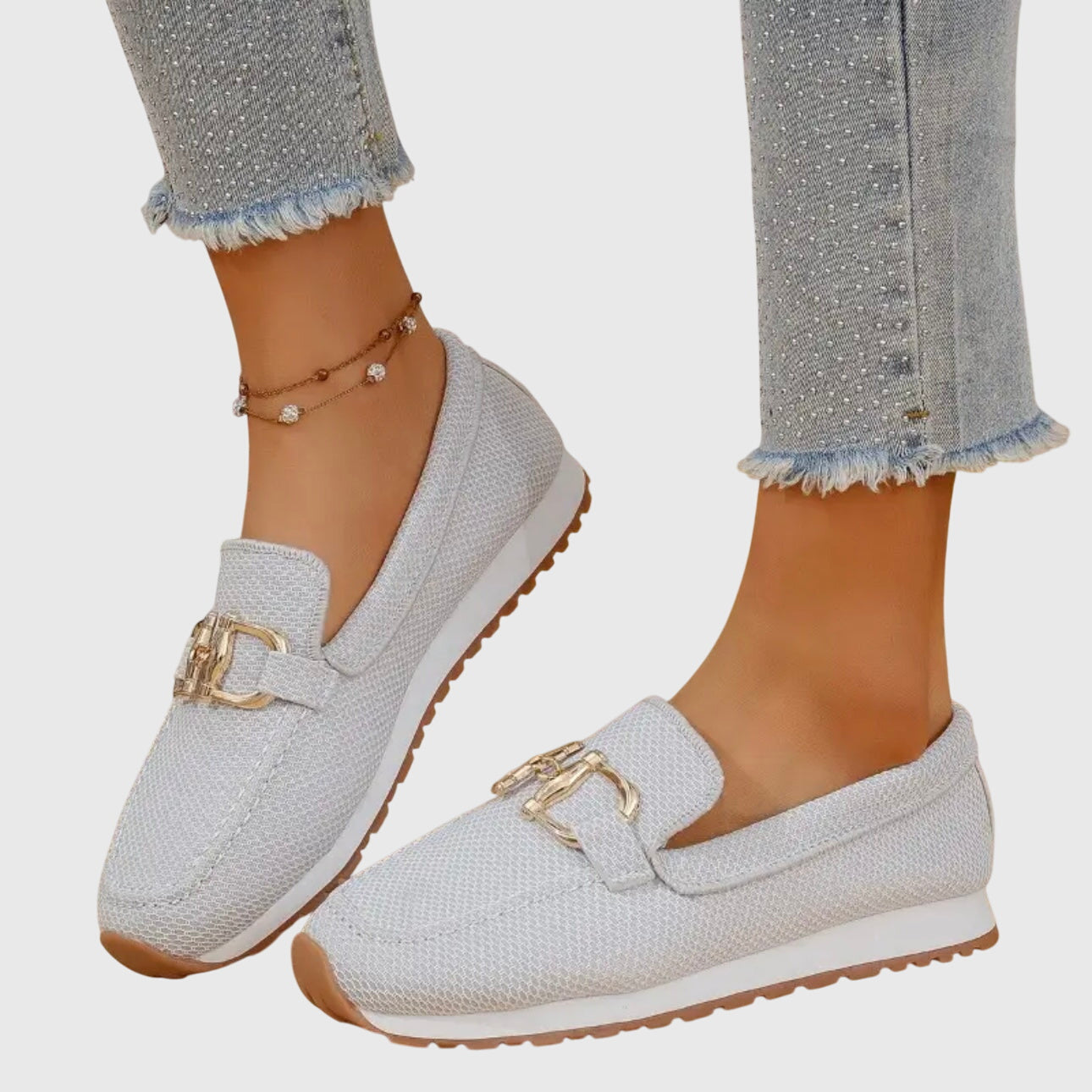 Gray faux leather slip on loafers for women, top view
