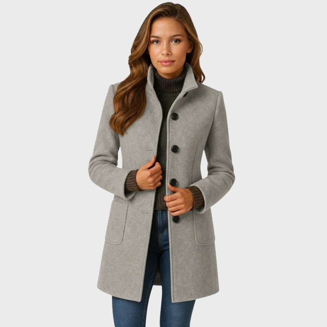 Button front detail of the women's tailored long coat