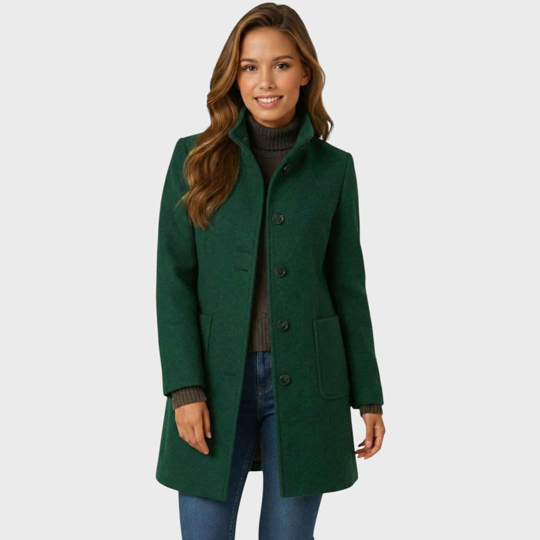 Tailored Long Coat for Women — Funnel Neck, Button Front, Deep Side Pockets in Dark Green
