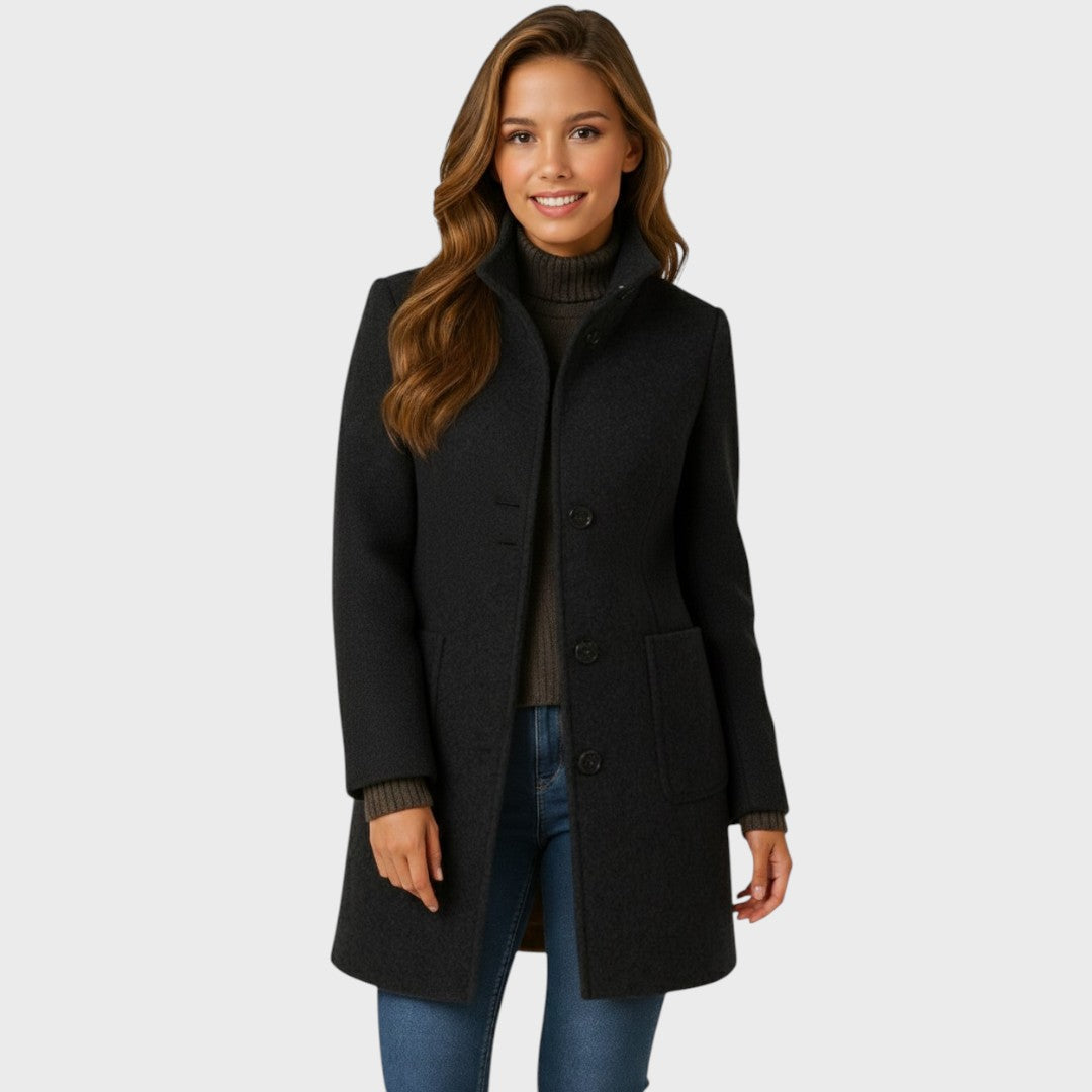 Deep side pocket detail on the tailored long coat for women