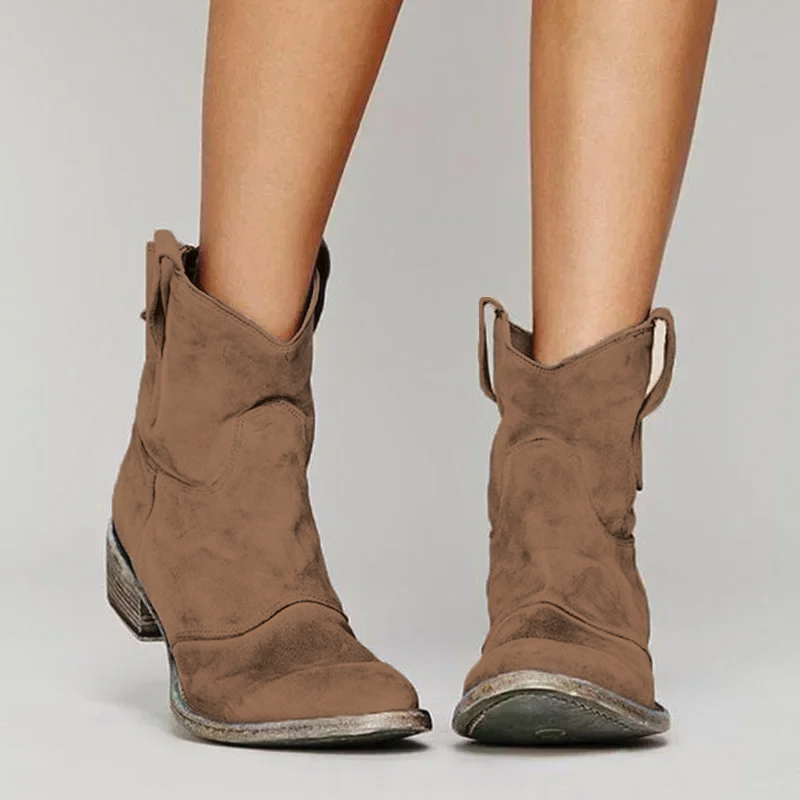 Western ankle boots for women, side view of the suede upper and low block heel