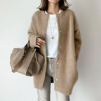 Lightweight cardigan sweater in khaki brown, front view