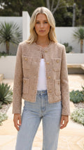 Women's cropped single-breasted jacket in beige, front view