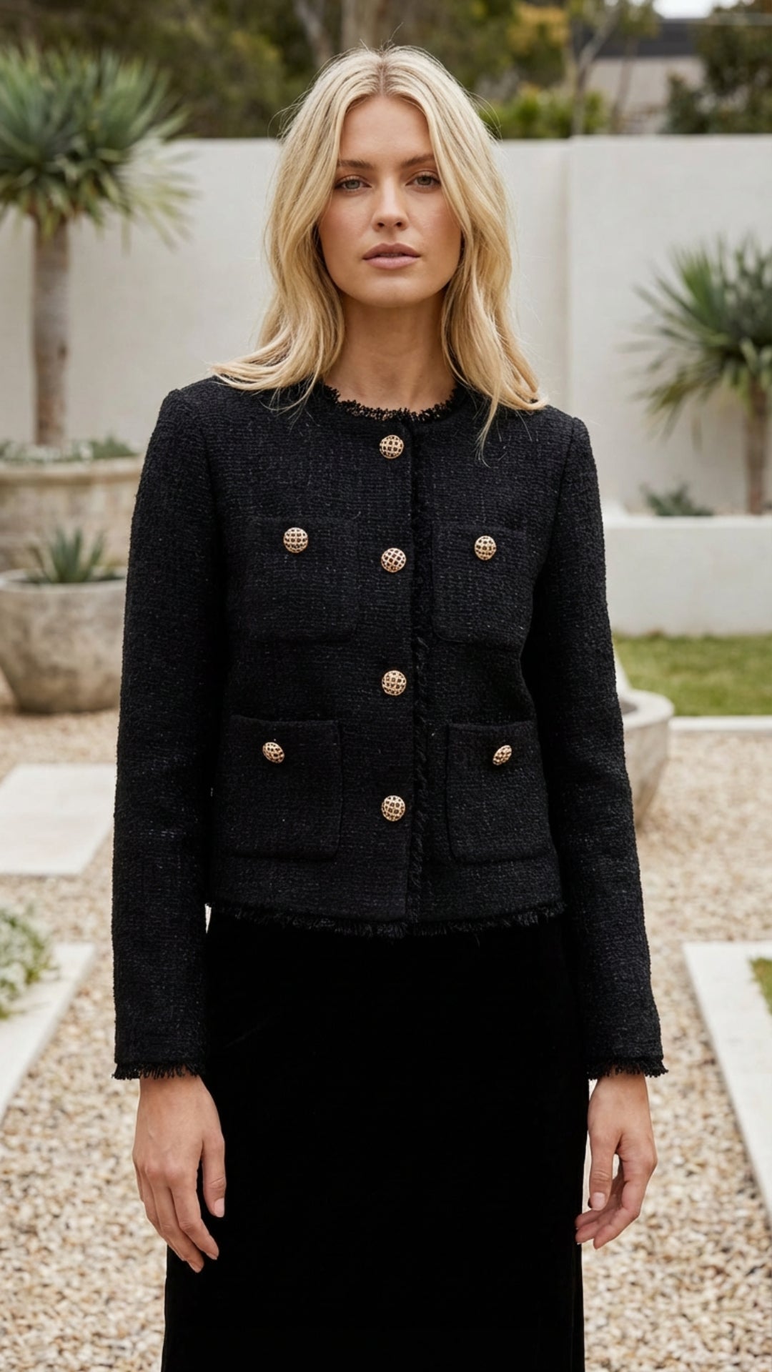 Women's cropped single-breasted jacket in black, front view