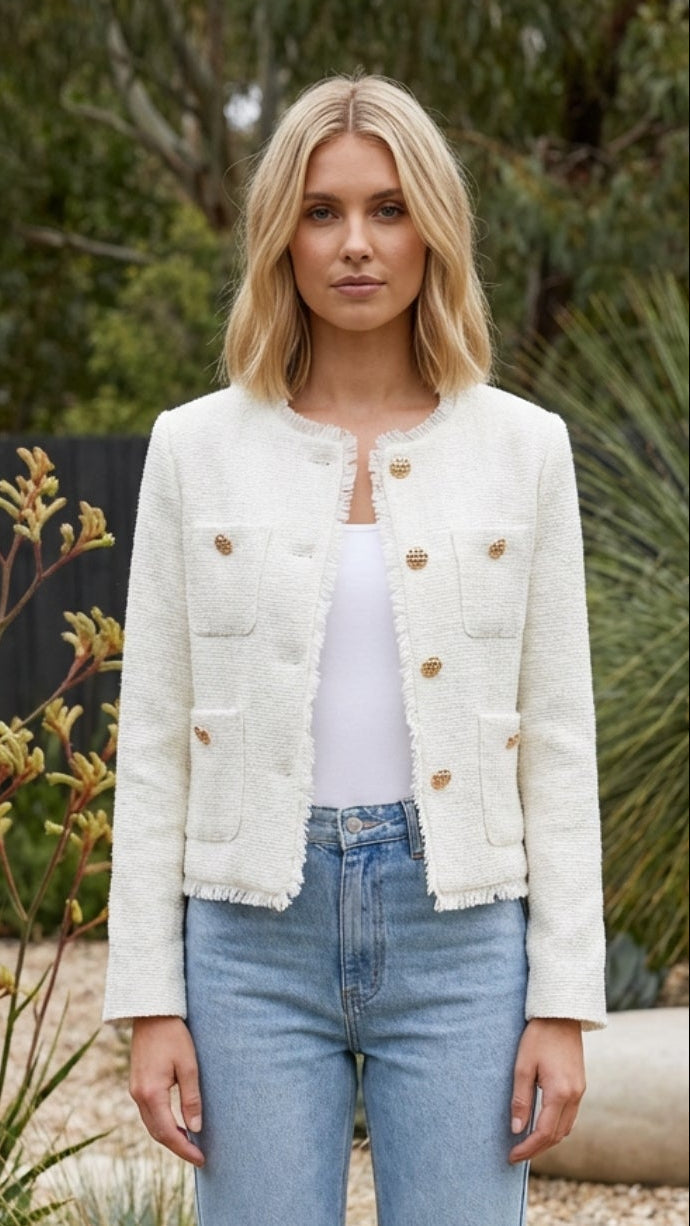 Cropped Jacket for Women — Single-Breasted, Waist Length, Front Pockets in White