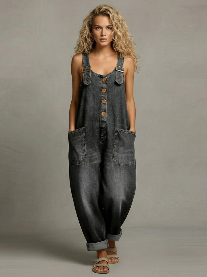Denim overalls — detail of the front closure