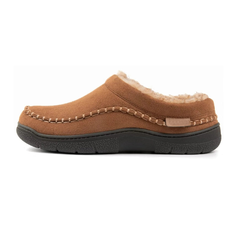 Men's moccasin slippers with arch support, pair shown side by side