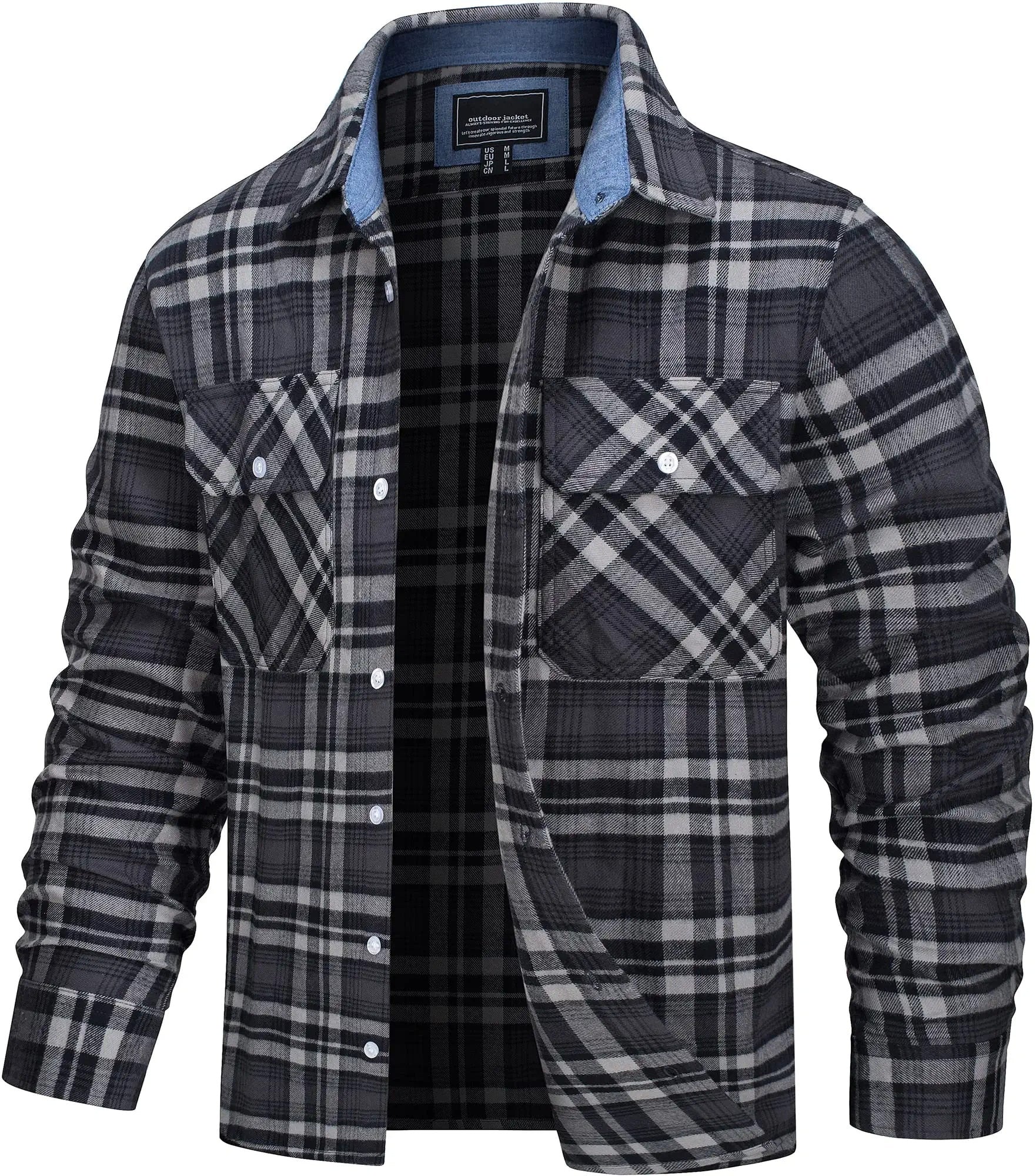 Men's Shirt Jacket — Cotton Plaid Flannel, Relaxed Fit, Brown or Navy in Black Grey