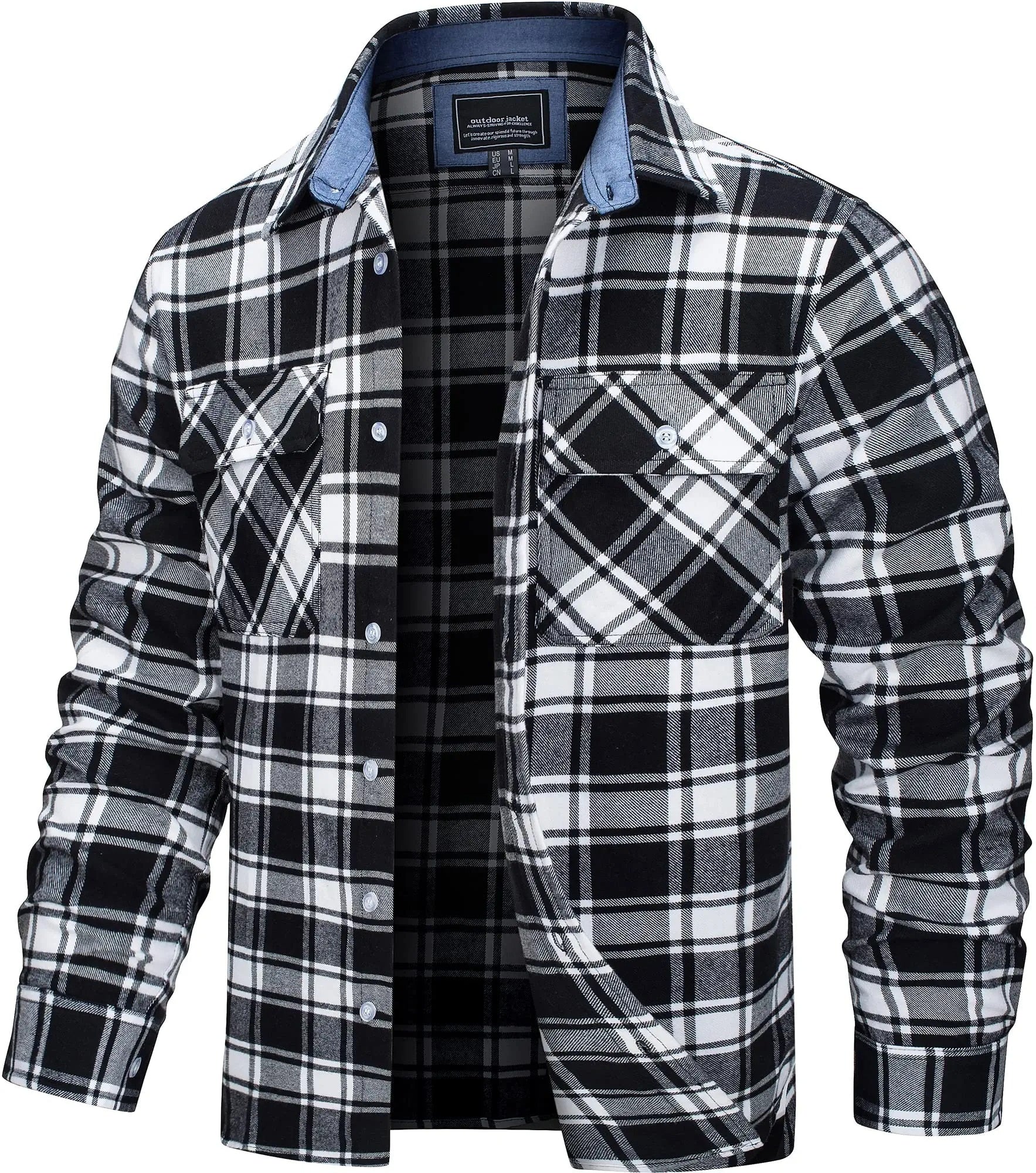 Men's checked flannel shirt jacket, front view buttoned