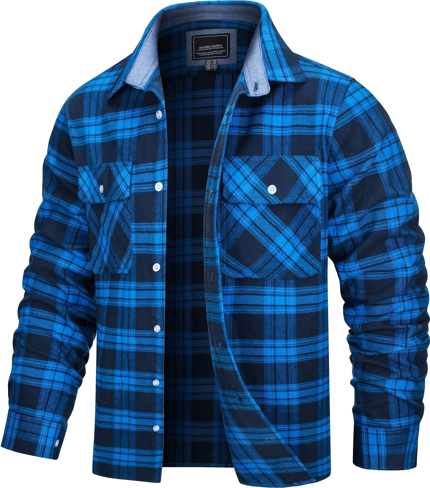 Men's shirt jacket detail of the collar and button front