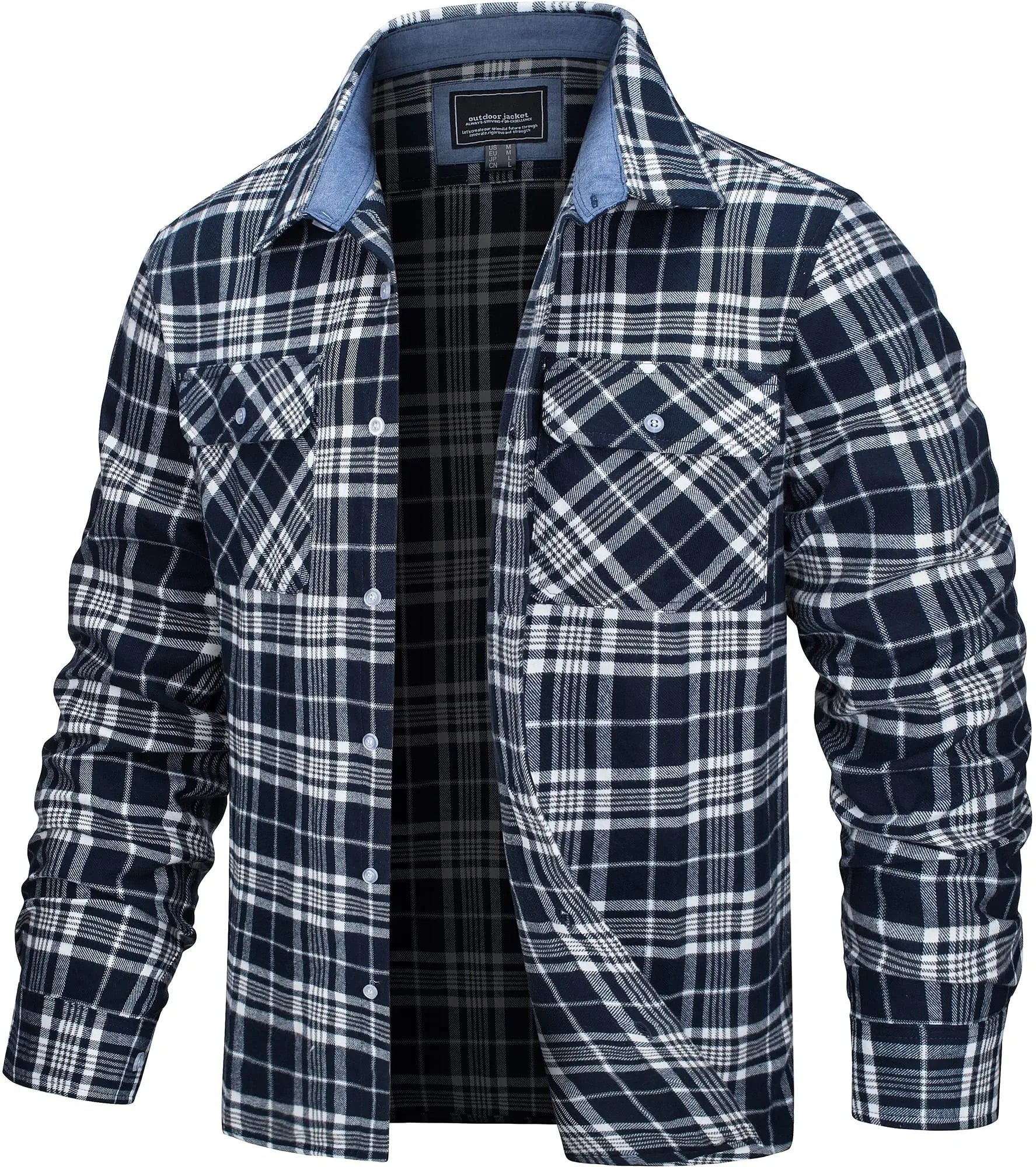 Men's plaid shirt jacket close-up of the flannel weave
