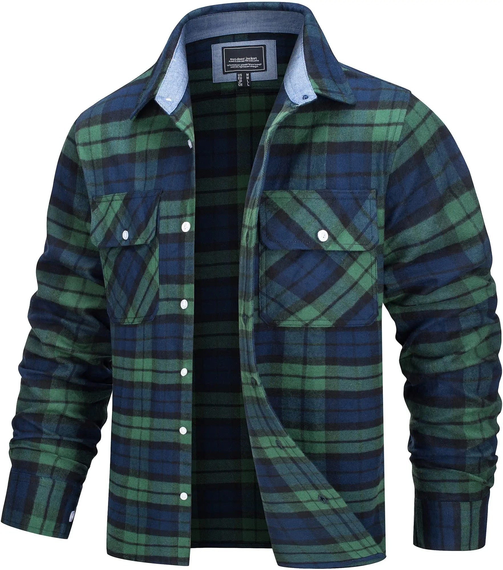 Men's shirt jacket laid flat showing the full plaid pattern
