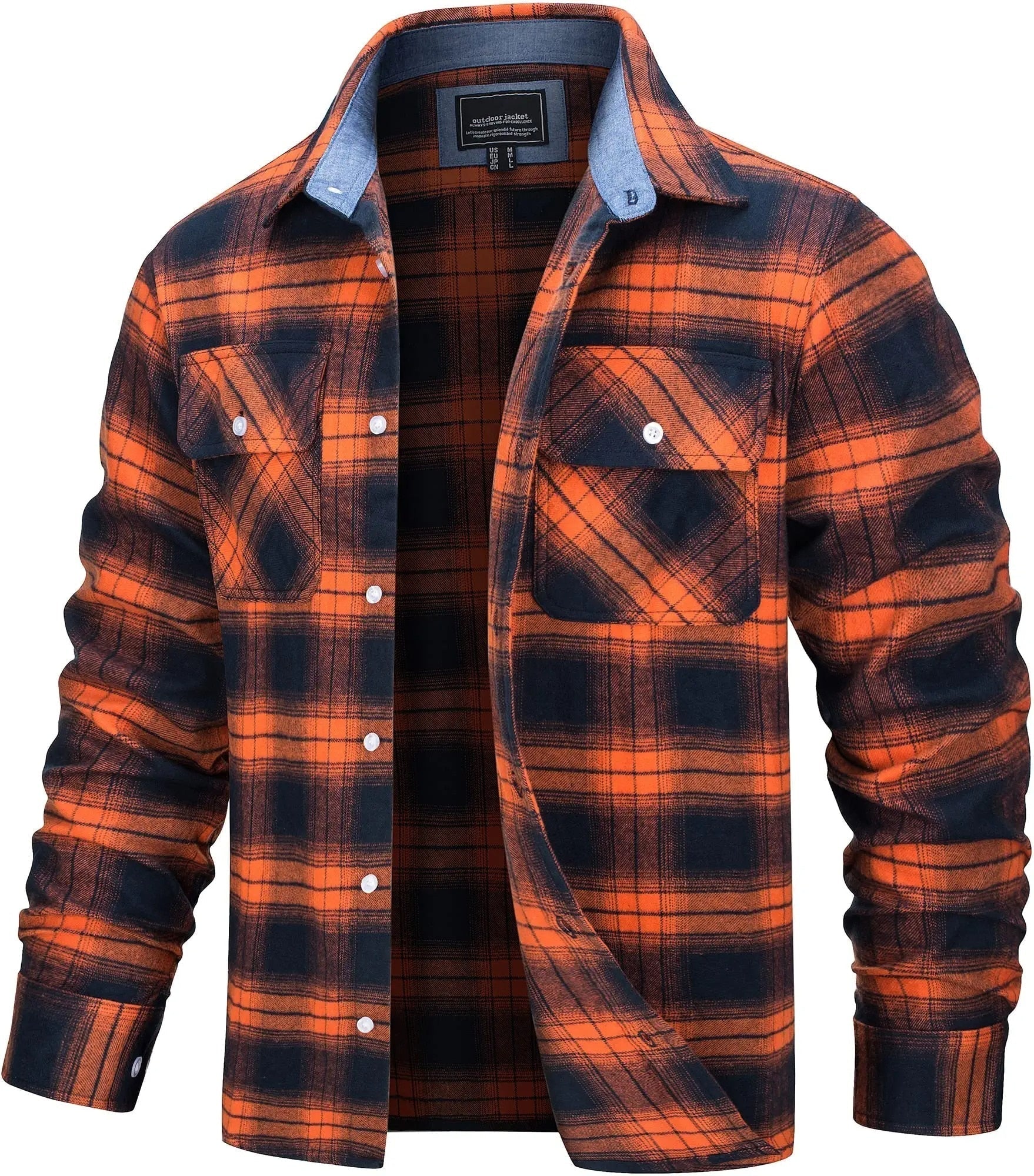 Men's Shirt Jacket — Cotton Plaid Flannel, Relaxed Fit, Brown or Navy in Orange