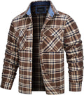 Men's cotton plaid flannel shirt jacket worn open over a tee