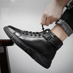 Men's walking shoes showing the stretch laces across the front