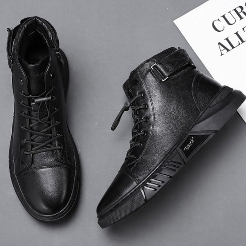 Close-up of the leather upper and stitching on the men's walking shoe