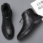 Close-up of the leather upper and stitching on the men's walking shoe