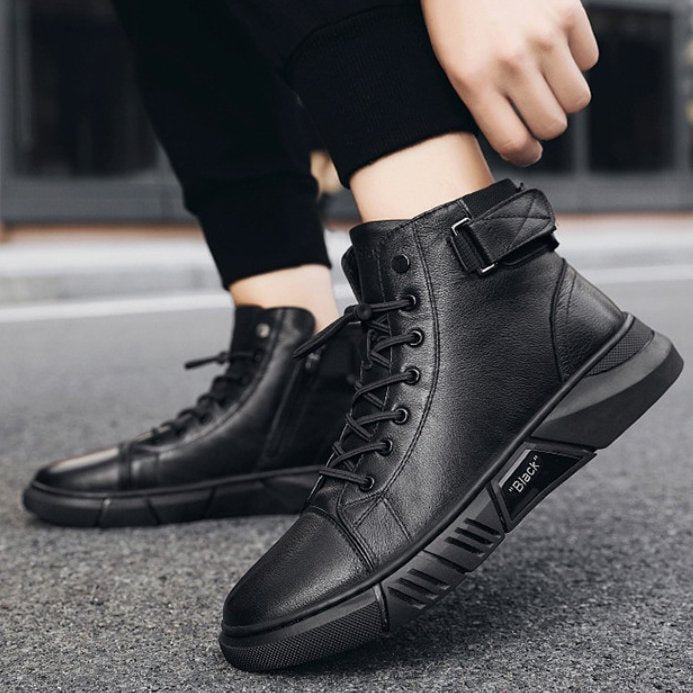 Men's black walking shoes with arch support, side profile