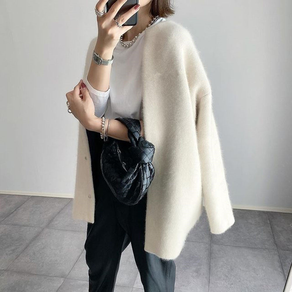 Close-up of the soft knit fabric and relaxed drape