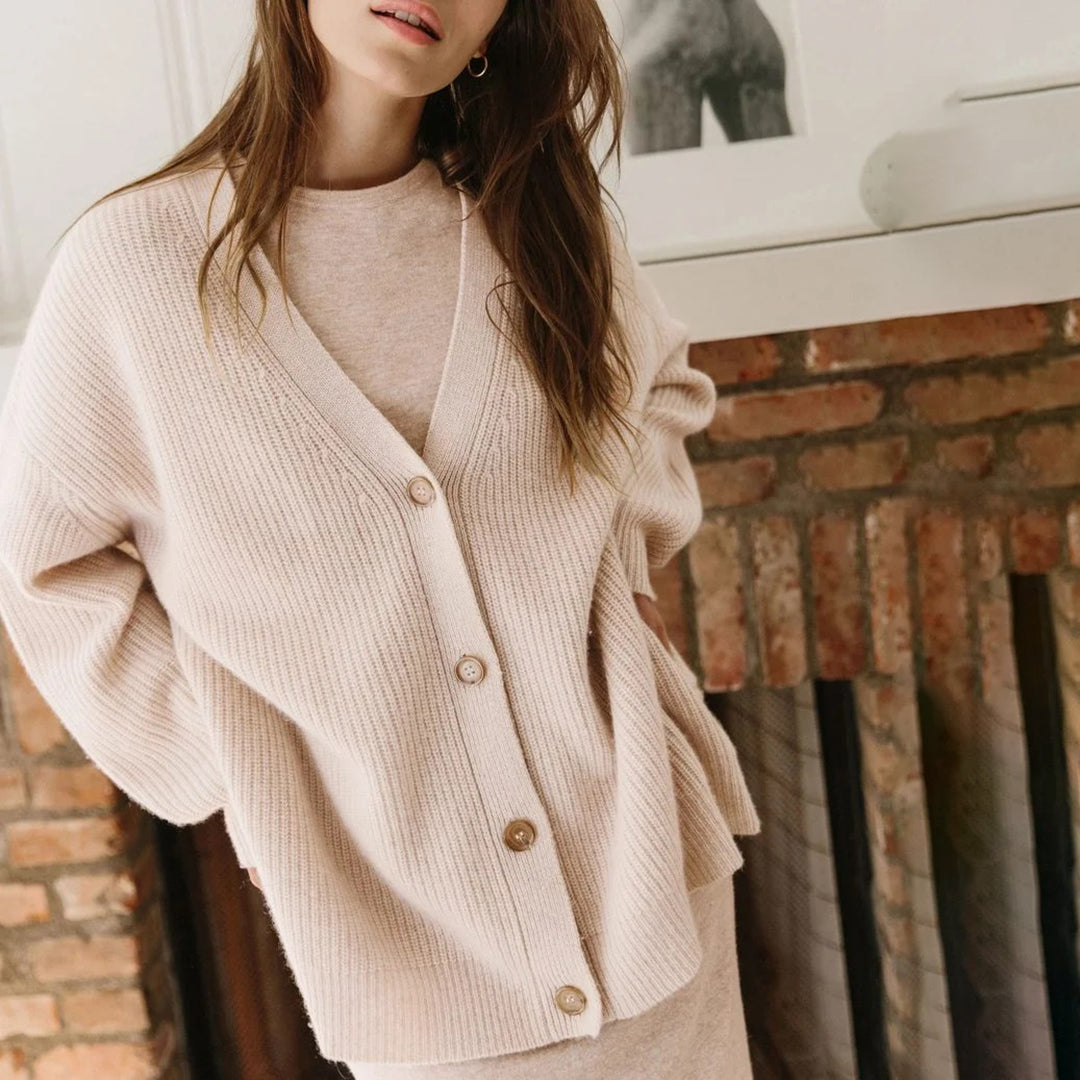 Oversized Cashmere Cardigan Sweater for Women — Relaxed Drape, Camel, Ivory and Black in Oatmeal