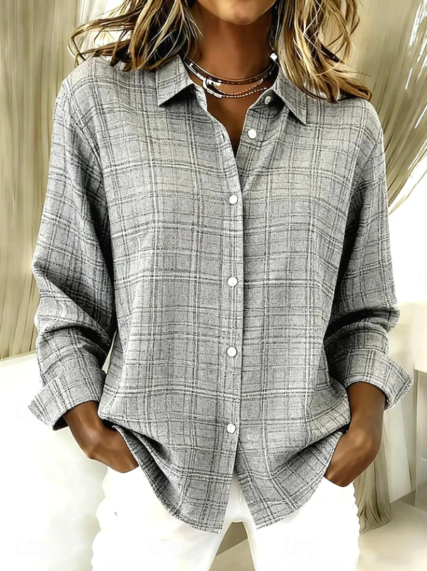 Plaid button up shirt — back view on model