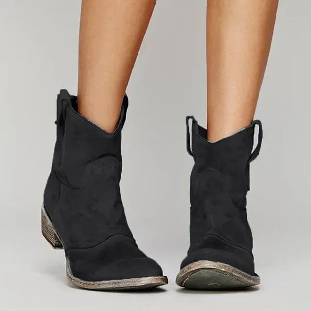 Western ankle boots for women, pair shown from the front
