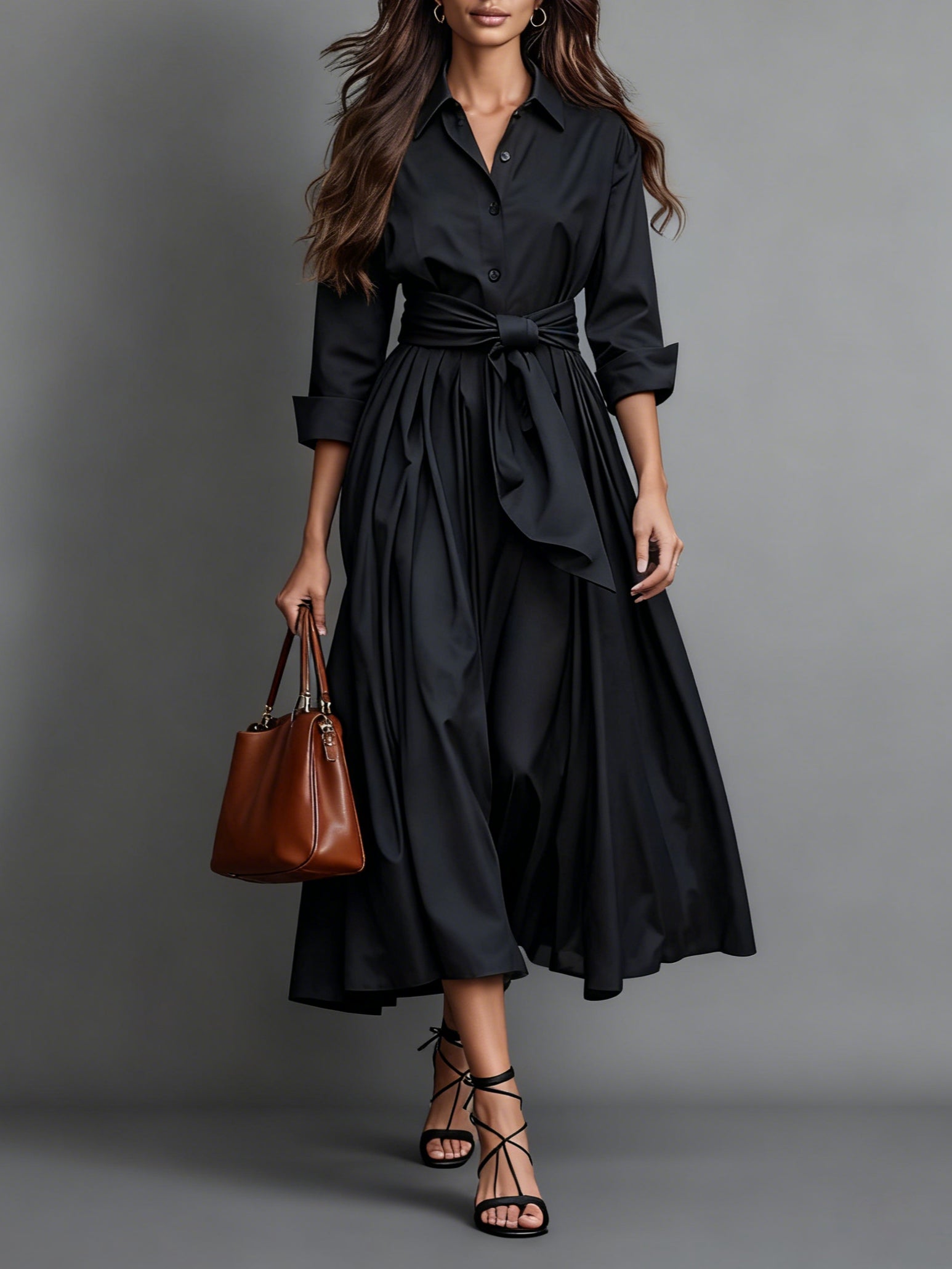 Long sleeve shirt maxi dress — front view on model