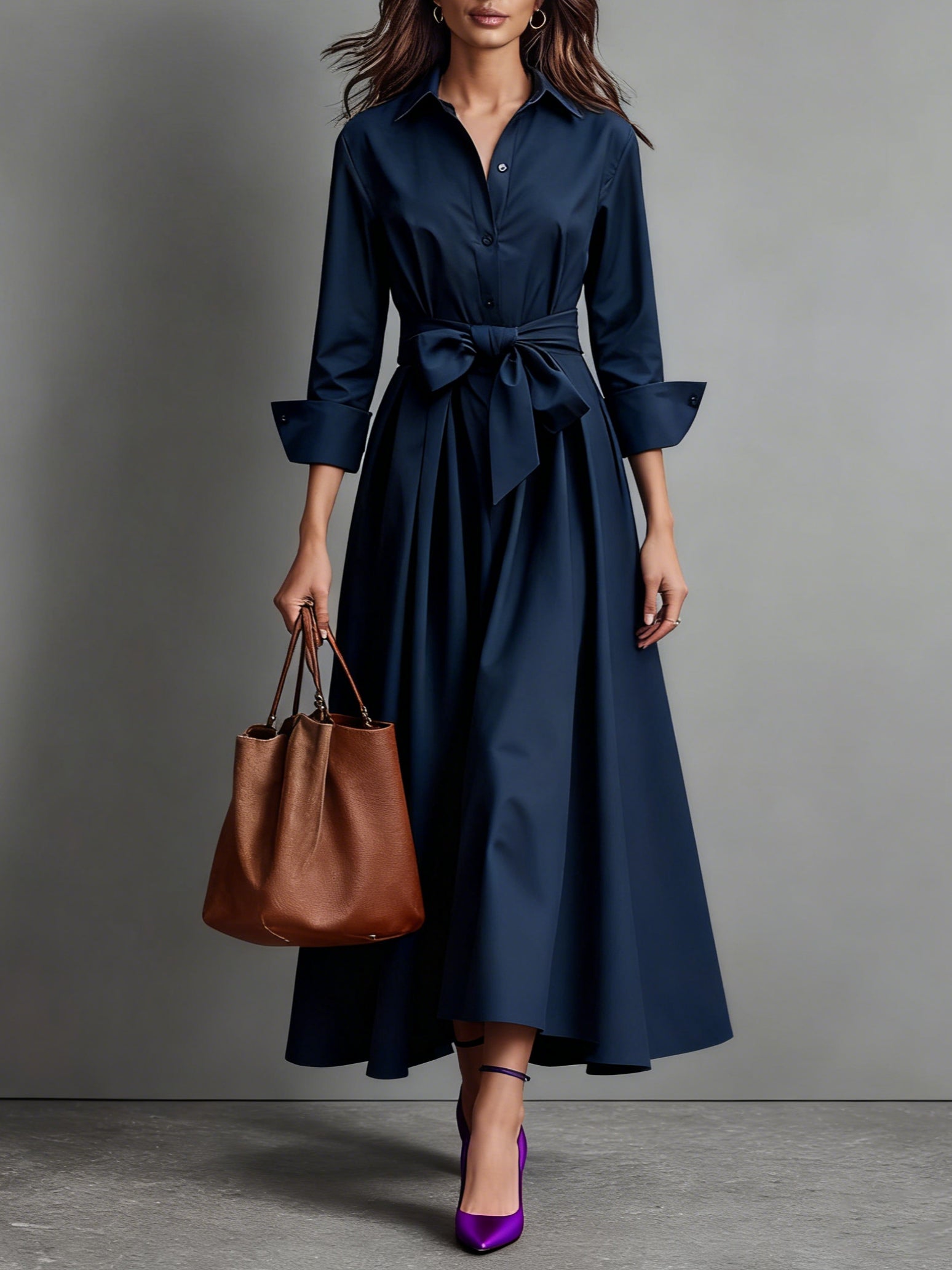 Long sleeve shirt maxi dress — back view on model
