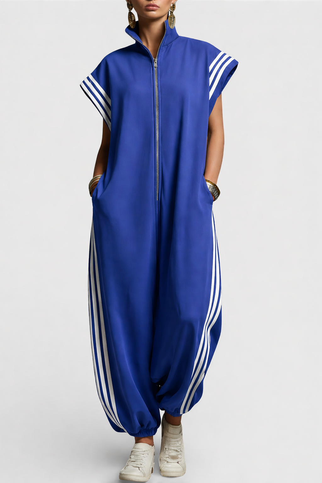 Sleeveless zip neck jumpsuit — front view on model