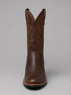 Brown leather western boots for women, stacked block heel close up