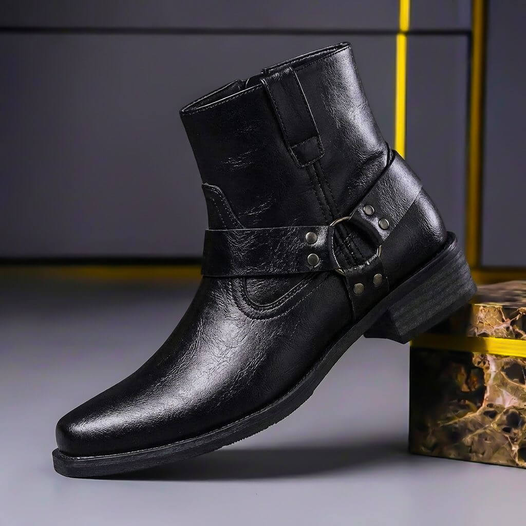 Men's lace up leather boots in obsidian black, side view