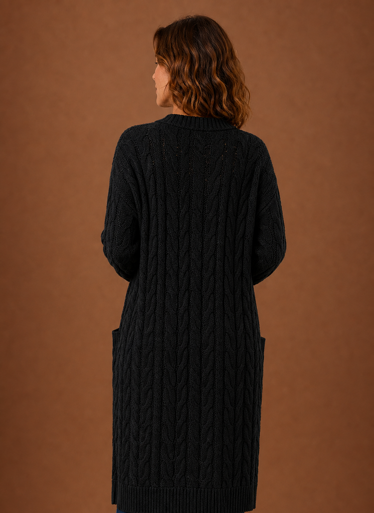 Back of the black hooded longline cardigan