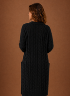 Back of the black hooded longline cardigan
