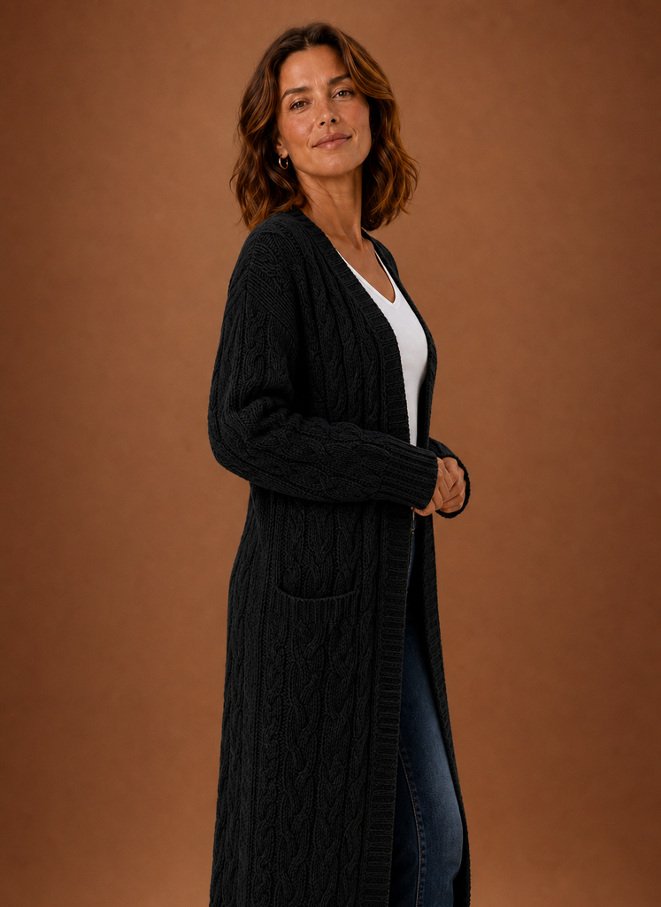 Black cable knit cardigan side view