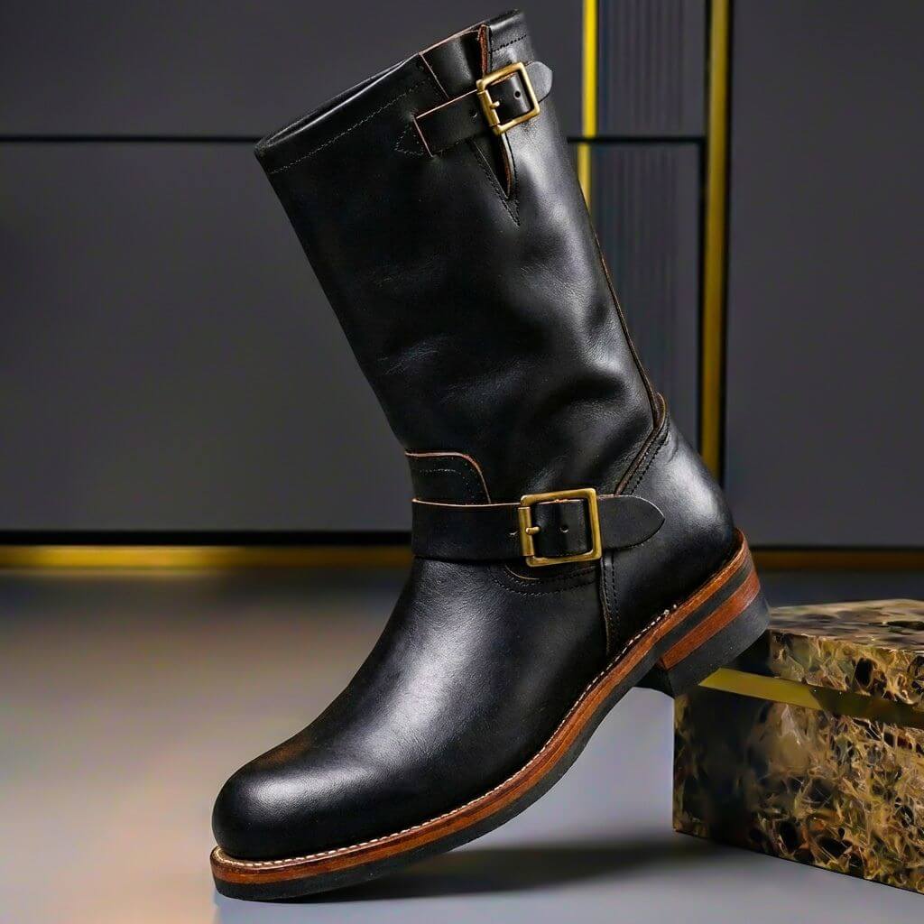 Men's zip up leather boots in obsidian black, side view