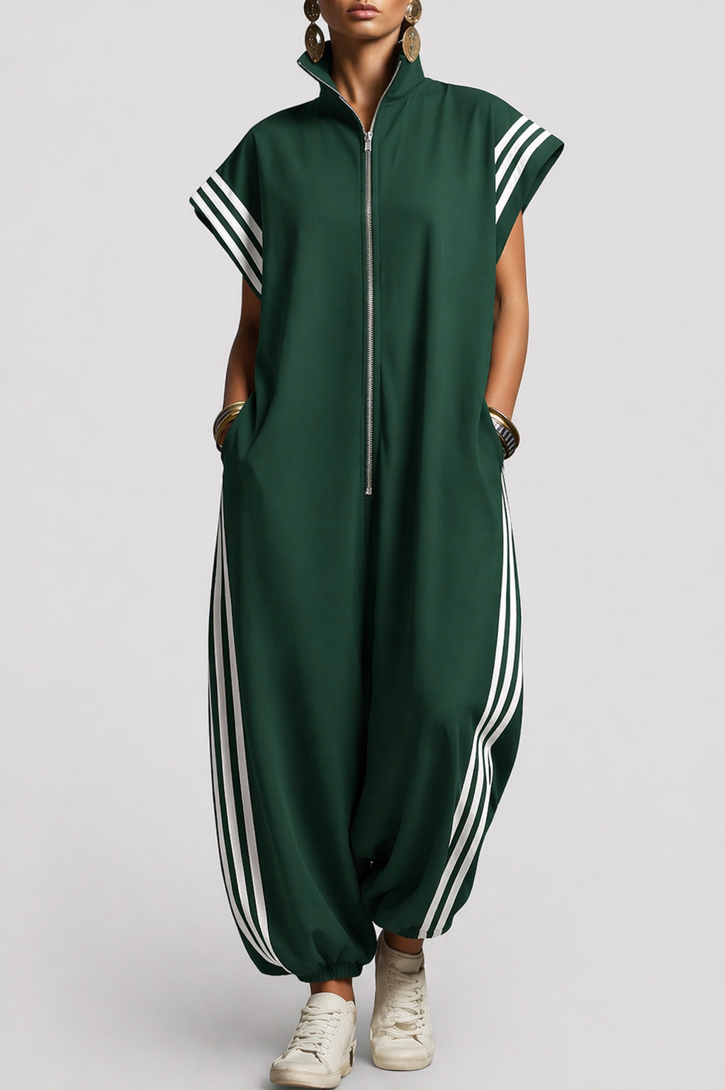 Sleeveless zip neck jumpsuit — detail of the front closure