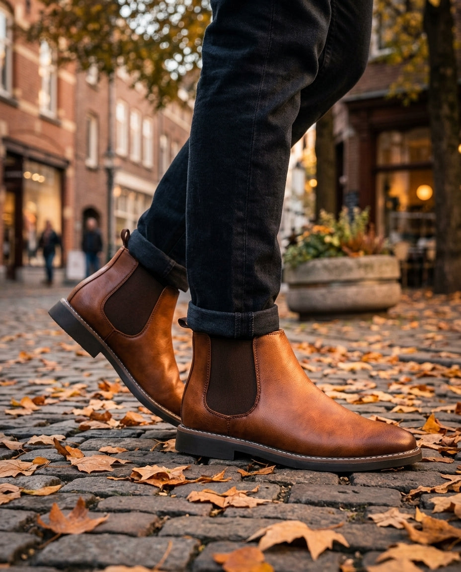 Brown faux leather Chelsea boots for men worn with dark denim