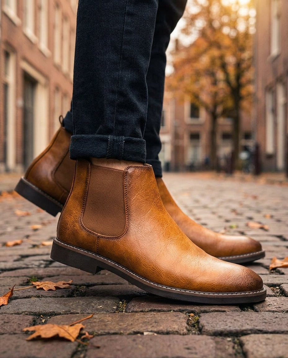 Men's Chelsea boots in brown faux leather, side profile