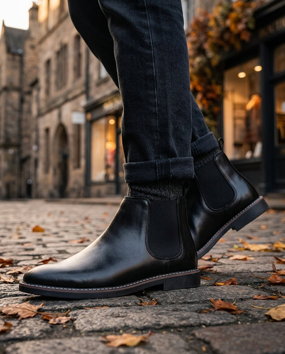Black mens Chelsea boots showing the rubber outsole
