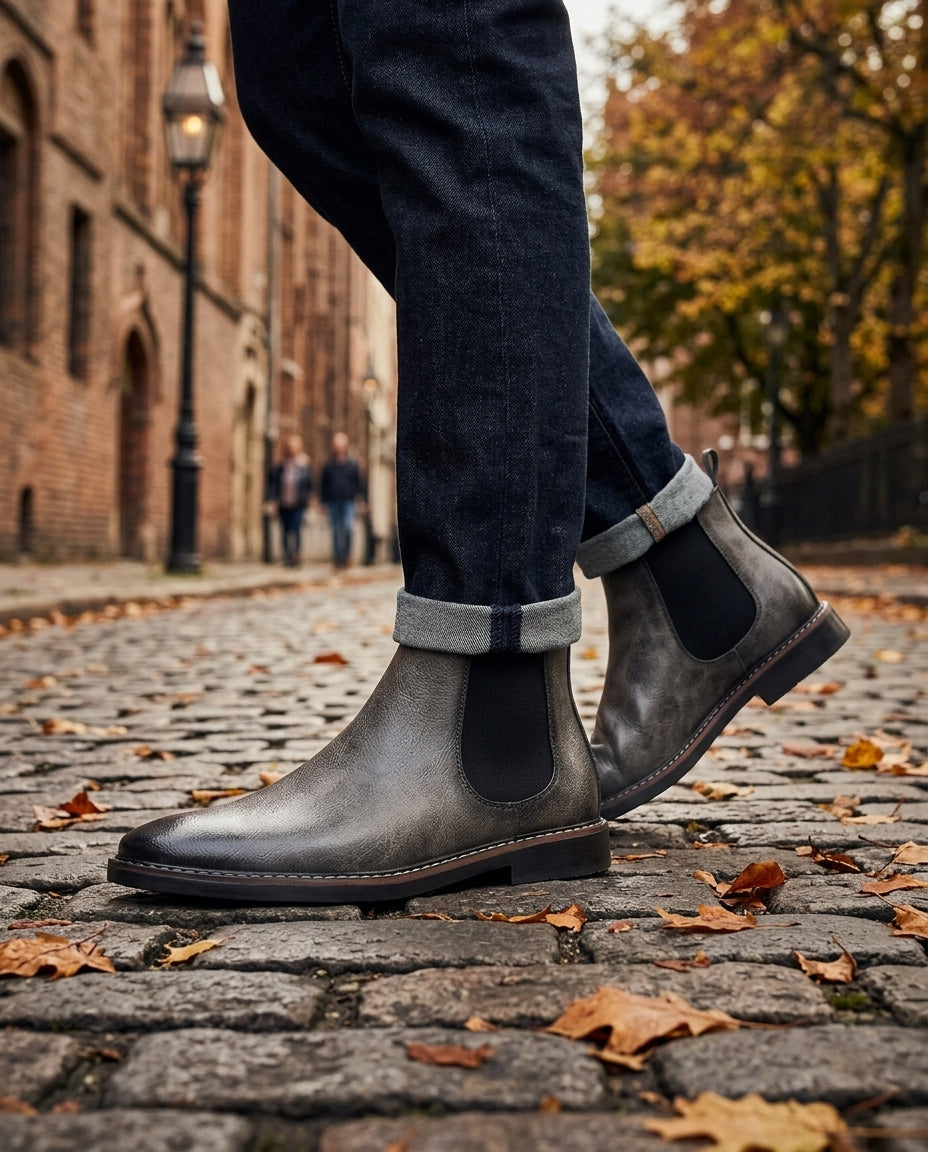 Elastic side panel and heel pull tab on a mens Chelsea boot