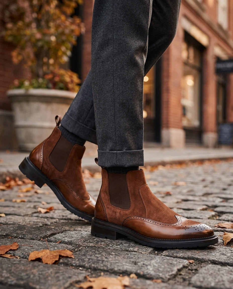 Men's brown suede Chelsea boots with brogue detailing, side profile