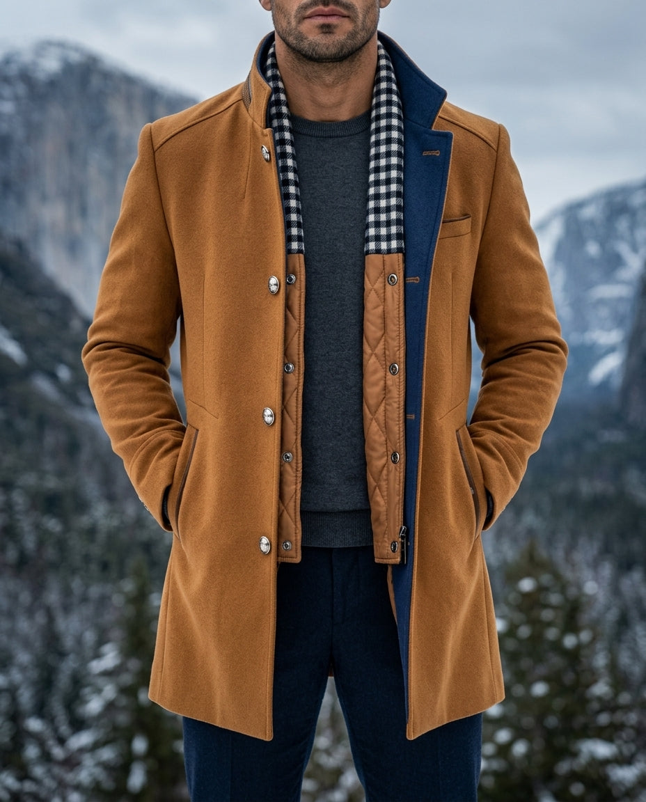 Men's wool coat in tan, full length front view