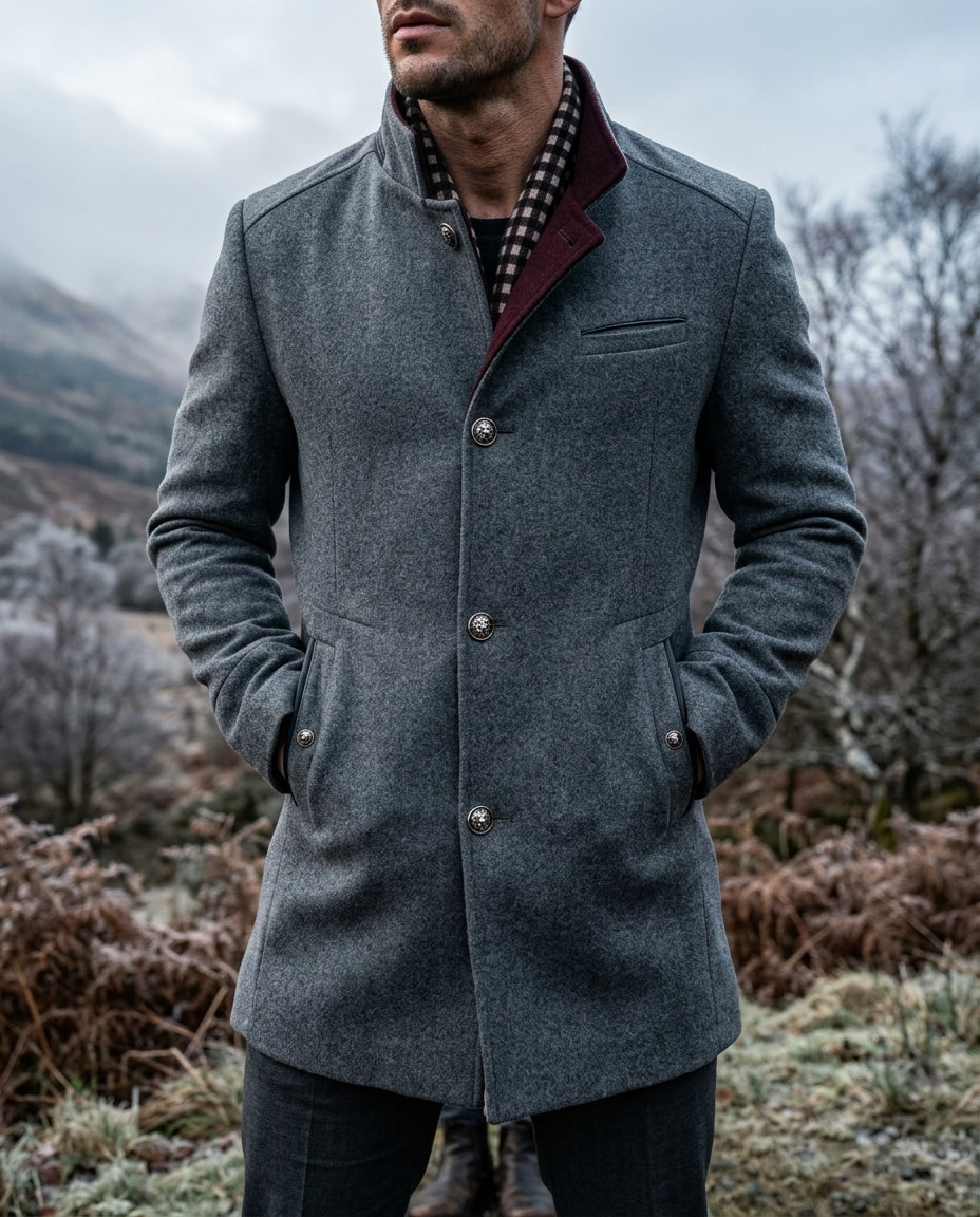 Gray tailored wool coat for men worn over a suit